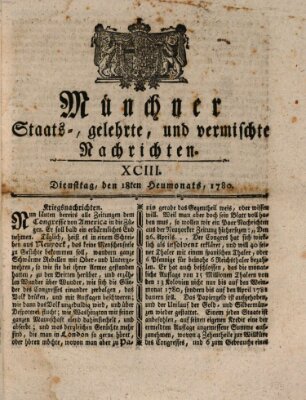 Münchner staats-, gelehrte, und vermischte Nachrichten (Süddeutsche Presse) Dienstag 18. Juli 1780