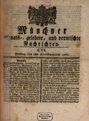 Münchner staats-, gelehrte, und vermischte Nachrichten (Süddeutsche Presse) Freitag 1. September 1780