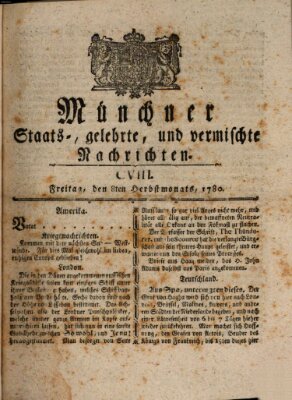 Münchner staats-, gelehrte, und vermischte Nachrichten (Süddeutsche Presse) Freitag 8. September 1780