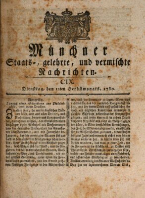 Münchner staats-, gelehrte, und vermischte Nachrichten (Süddeutsche Presse) Dienstag 12. September 1780