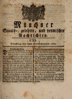 Münchner staats-, gelehrte, und vermischte Nachrichten (Süddeutsche Presse) Dienstag 19. September 1780