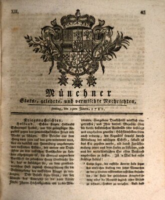 Münchner staats-, gelehrte, und vermischte Nachrichten (Süddeutsche Presse) Freitag 19. Januar 1781