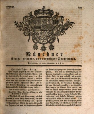 Münchner staats-, gelehrte, und vermischte Nachrichten (Süddeutsche Presse) Donnerstag 15. Februar 1781