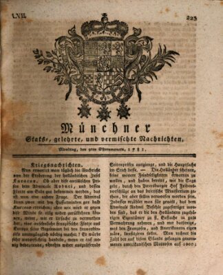 Münchner staats-, gelehrte, und vermischte Nachrichten (Süddeutsche Presse) Montag 9. April 1781