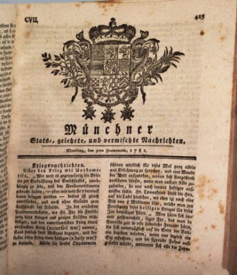 Münchner staats-, gelehrte, und vermischte Nachrichten (Süddeutsche Presse) Montag 9. Juli 1781