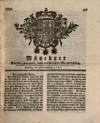 Münchner staats-, gelehrte, und vermischte Nachrichten (Süddeutsche Presse) Dienstag 17. Juli 1781