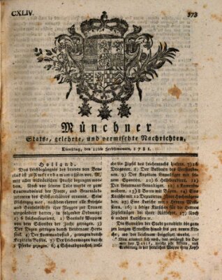 Münchner staats-, gelehrte, und vermischte Nachrichten (Süddeutsche Presse) Dienstag 11. September 1781