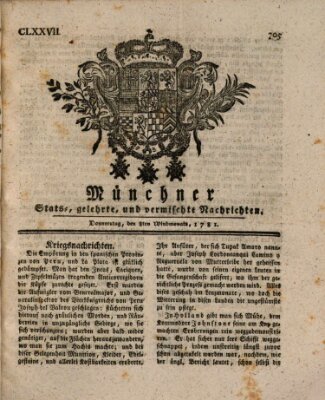 Münchner staats-, gelehrte, und vermischte Nachrichten (Süddeutsche Presse) Donnerstag 8. November 1781