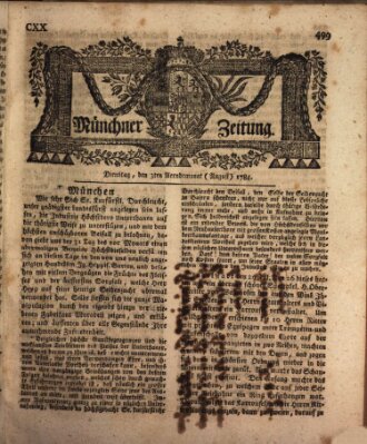 Münchner Zeitung (Süddeutsche Presse) Dienstag 3. August 1784