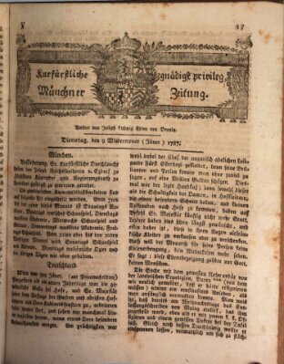 Kurfürstlich gnädigst privilegirte Münchner-Zeitung (Süddeutsche Presse) Dienstag 9. Januar 1787