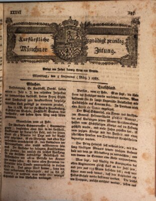 Kurfürstlich gnädigst privilegirte Münchner-Zeitung (Süddeutsche Presse) Montag 5. März 1787