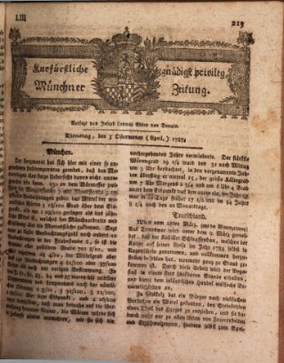 Kurfürstlich gnädigst privilegirte Münchner-Zeitung (Süddeutsche Presse) Dienstag 3. April 1787