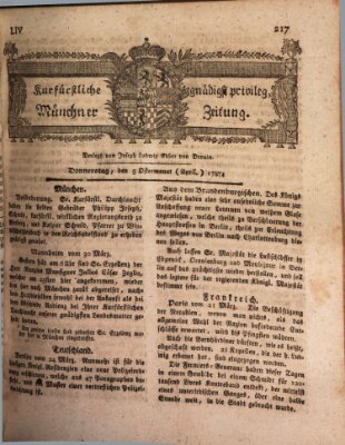 Kurfürstlich gnädigst privilegirte Münchner-Zeitung (Süddeutsche Presse) Donnerstag 5. April 1787