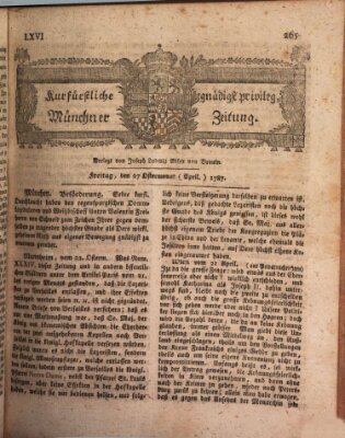 Kurfürstlich gnädigst privilegirte Münchner-Zeitung (Süddeutsche Presse) Freitag 27. April 1787