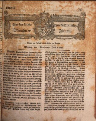 Kurfürstlich gnädigst privilegirte Münchner-Zeitung (Süddeutsche Presse) Montag 11. Juni 1787