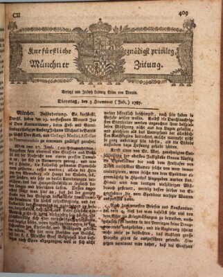 Kurfürstlich gnädigst privilegirte Münchner-Zeitung (Süddeutsche Presse) Dienstag 3. Juli 1787