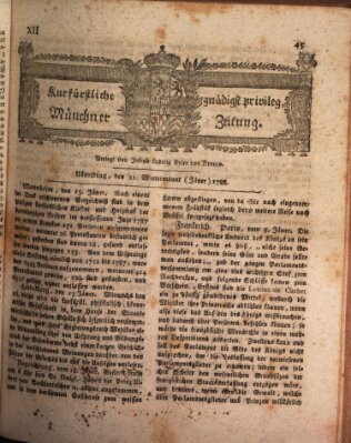 Kurfürstlich gnädigst privilegirte Münchner-Zeitung (Süddeutsche Presse) Montag 21. Januar 1788