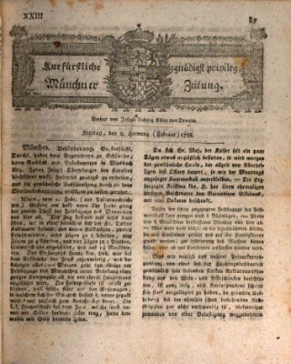 Kurfürstlich gnädigst privilegirte Münchner-Zeitung (Süddeutsche Presse) Freitag 8. Februar 1788