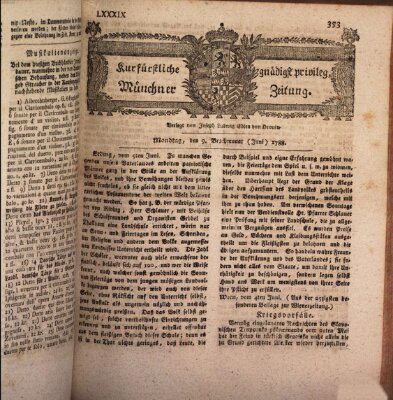 Kurfürstlich gnädigst privilegirte Münchner-Zeitung (Süddeutsche Presse) Montag 9. Juni 1788