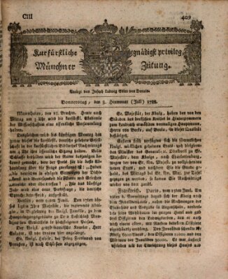 Kurfürstlich gnädigst privilegirte Münchner-Zeitung (Süddeutsche Presse) Donnerstag 3. Juli 1788