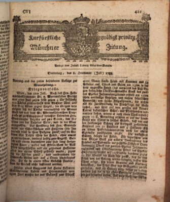 Kurfürstlich gnädigst privilegirte Münchner-Zeitung (Süddeutsche Presse) Dienstag 8. Juli 1788