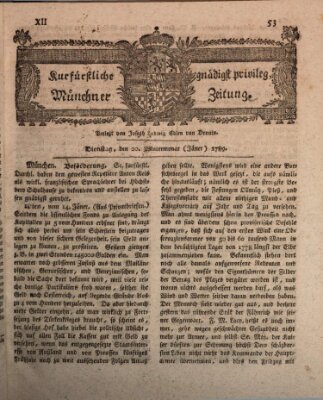 Kurfürstlich gnädigst privilegirte Münchner-Zeitung (Süddeutsche Presse) Dienstag 20. Januar 1789