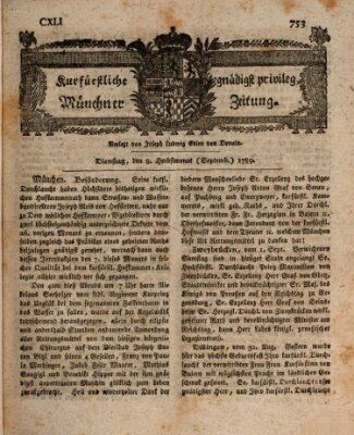 Kurfürstlich gnädigst privilegirte Münchner-Zeitung (Süddeutsche Presse) Dienstag 8. September 1789