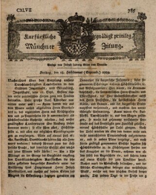 Kurfürstlich gnädigst privilegirte Münchner-Zeitung (Süddeutsche Presse) Freitag 18. September 1789