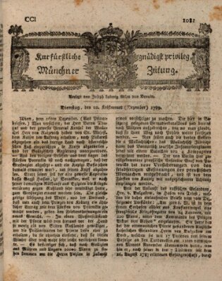 Kurfürstlich gnädigst privilegirte Münchner-Zeitung (Süddeutsche Presse) Dienstag 22. Dezember 1789