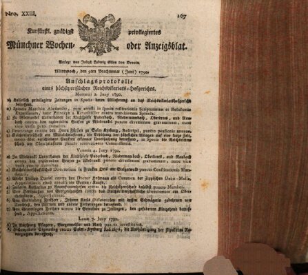 Kurfürstlich gnädigst privilegirte Münchner-Zeitung (Süddeutsche Presse) Mittwoch 9. Juni 1790