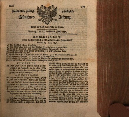 Kurfürstlich gnädigst privilegirte Münchner-Zeitung (Süddeutsche Presse) Montag 21. Juni 1790