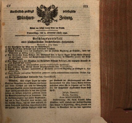 Kurfürstlich gnädigst privilegirte Münchner-Zeitung (Süddeutsche Presse) Donnerstag 8. Juli 1790