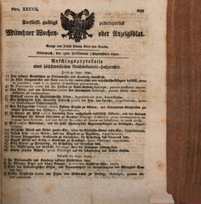 Kurfürstlich gnädigst privilegirte Münchner-Zeitung (Süddeutsche Presse) Mittwoch 15. September 1790