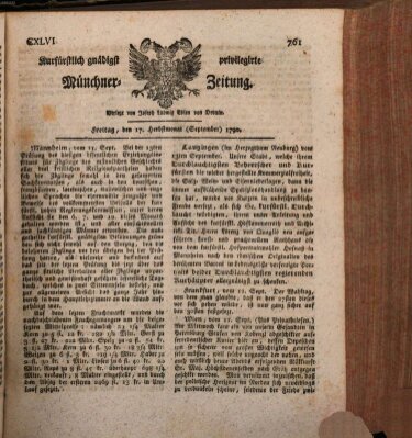 Kurfürstlich gnädigst privilegirte Münchner-Zeitung (Süddeutsche Presse) Freitag 17. September 1790