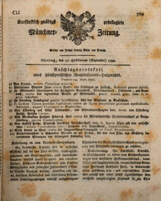 Kurfürstlich gnädigst privilegirte Münchner-Zeitung (Süddeutsche Presse) Montag 27. September 1790