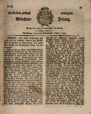 Kurfürstlich gnädigst privilegirte Münchner-Zeitung (Süddeutsche Presse) Montag 31. Januar 1791