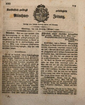 Kurfürstlich gnädigst privilegirte Münchner-Zeitung (Süddeutsche Presse) Montag 7. Februar 1791