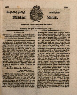 Kurfürstlich gnädigst privilegirte Münchner-Zeitung (Süddeutsche Presse) Dienstag 7. Juni 1791