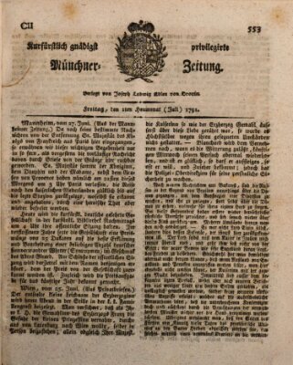 Kurfürstlich gnädigst privilegirte Münchner-Zeitung (Süddeutsche Presse) Freitag 1. Juli 1791