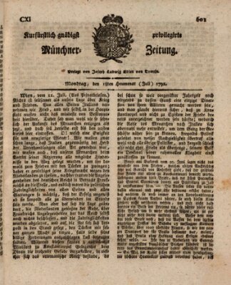 Kurfürstlich gnädigst privilegirte Münchner-Zeitung (Süddeutsche Presse) Montag 18. Juli 1791