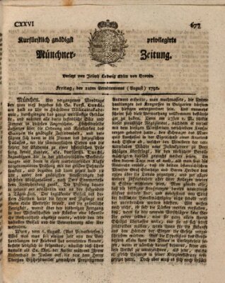 Kurfürstlich gnädigst privilegirte Münchner-Zeitung (Süddeutsche Presse) Freitag 12. August 1791