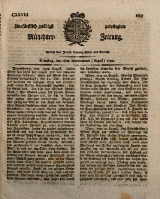 Kurfürstlich gnädigst privilegirte Münchner-Zeitung (Süddeutsche Presse) Dienstag 16. August 1791