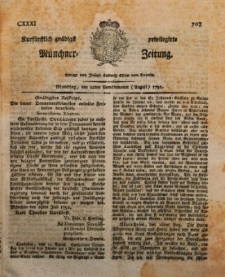 Kurfürstlich gnädigst privilegirte Münchner-Zeitung (Süddeutsche Presse) Montag 22. August 1791