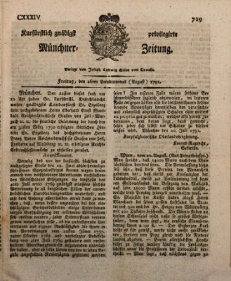 Kurfürstlich gnädigst privilegirte Münchner-Zeitung (Süddeutsche Presse) Freitag 26. August 1791