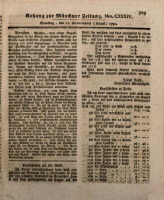 Kurfürstlich gnädigst privilegirte Münchner-Zeitung (Süddeutsche Presse) Samstag 27. August 1791