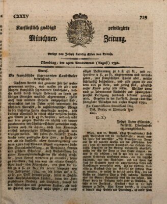 Kurfürstlich gnädigst privilegirte Münchner-Zeitung (Süddeutsche Presse) Montag 29. August 1791