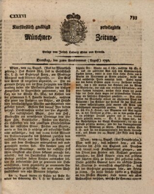 Kurfürstlich gnädigst privilegirte Münchner-Zeitung (Süddeutsche Presse) Dienstag 30. August 1791