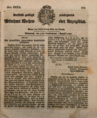 Kurfürstlich gnädigst privilegirte Münchner-Zeitung (Süddeutsche Presse) Mittwoch 31. August 1791
