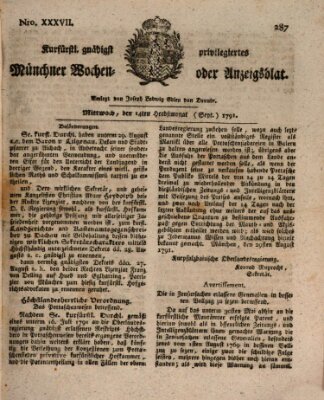 Kurfürstlich gnädigst privilegirte Münchner-Zeitung (Süddeutsche Presse) Mittwoch 14. September 1791