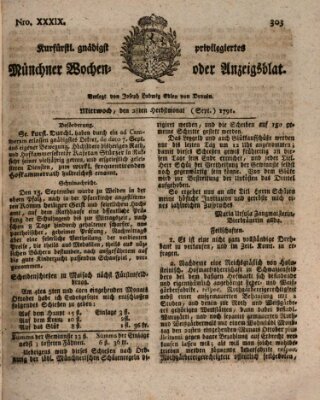 Kurfürstlich gnädigst privilegirte Münchner-Zeitung (Süddeutsche Presse) Mittwoch 28. September 1791